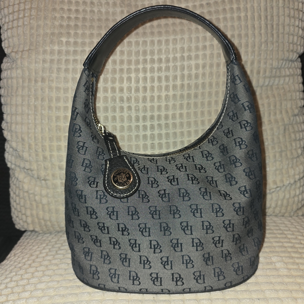 DOONEY & BOURKE Gray Canvas Black Leather Monogram Petite Bucket Bag Purse